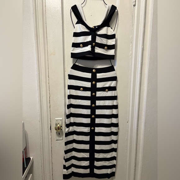 Black and White Striped Women's Skirt Set with off the shoulders top. - Picture 3 of 7